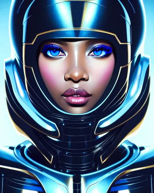 Prompt: Portrait of very very very very very very beautiful black woman, spacesuit, futuristic cybernetic helmet, blue eyes, real life skin, intricate, elegant, highly detailed, artstation, concept art, smooth, sharp focus, art by artgerm and greg rutkowski and alphonse mucha