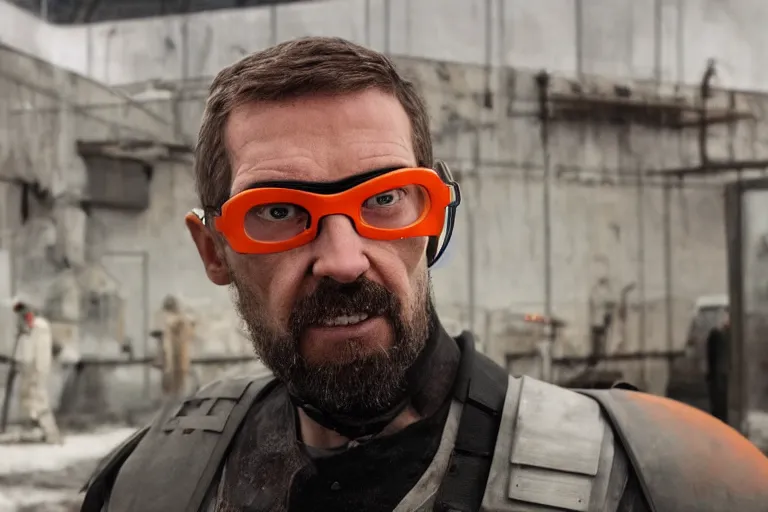 Prompt: vfx movie closeup real life gordon freeman holding wearing futuristic orange and black armor crowbar in russian train yard by emmanuel lubezki