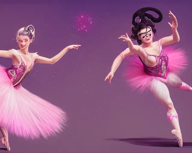Prompt: photography of jack black dancing in a pink ballerina outfit, full body shot, deep focus, d & d and mtg, fantasy, intricate, elegant, highly detailed, digital painting, artstation, concept art, matte, sharp focus, illustration, hearthstone, art by ross tran