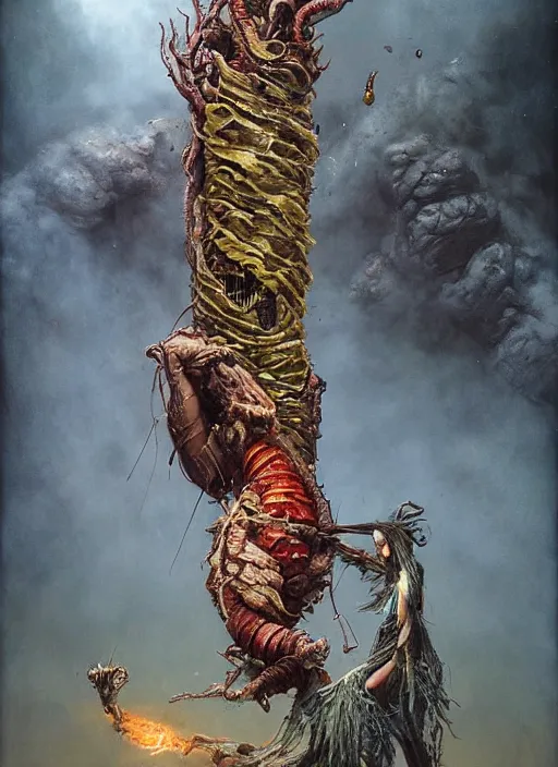 Prompt: giant catepillar smoking a water pipe,highly detailed,cinematic,Tarot card,8k,by Stanley Artgermm,Tom Bagshaw,Greg Rutkowski,Carne Griffiths, Ayami Kojima, Beksinski, Giger,trending on DeviantArt,hyper detailed,horror, full of colour