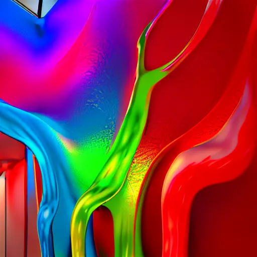 Image similar to : colorful abstract fluid sculpture art on the wall in modern architecture studio, cinematic lighting, hyper - realistic, detailed, render by c 4 d octane, unreal engine, 8 k 3 d render