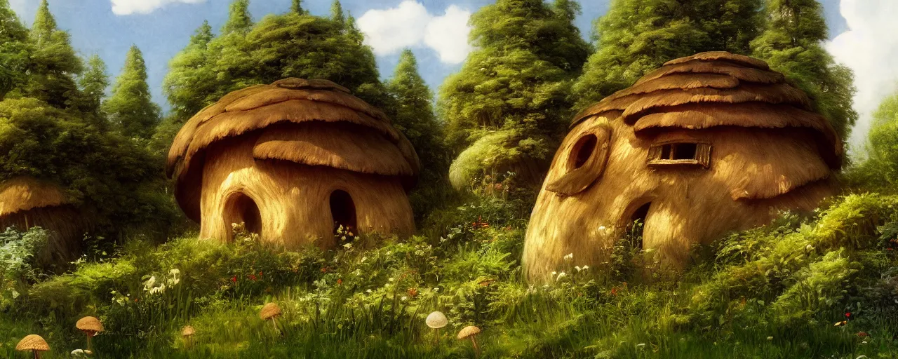 Image similar to ghibli illustrated background of a mushroom shaped house by eugene von guerard, ivan shishkin, john singer sargent, 4 k