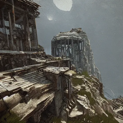 Image similar to ruined mountainside monastery post apocalyptic sci - fi, by tom thomson and odilon redon and jakub rozalski, unreal engine, 2 0 megapixels