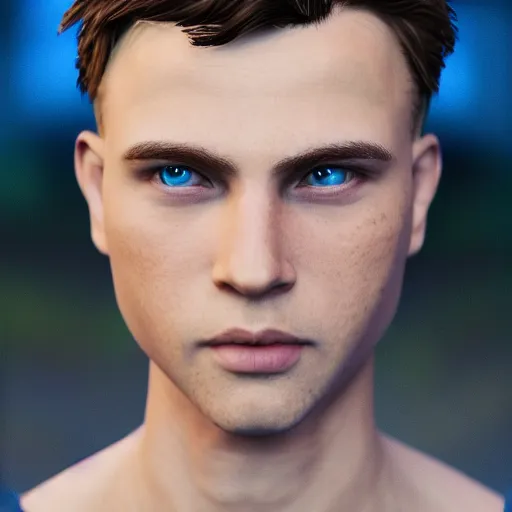 Prompt: young man with short brown hair and blue eyes, pale skin, medium build, looking nervous, highly detailed, cinematic shot, cinematic lighting, 8 k, exquisite facial detail, 5 0 mm, unreal engine octane render