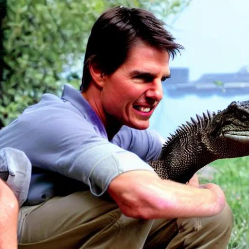 Prompt: photo of tom cruise with a pet komodo dragon,
