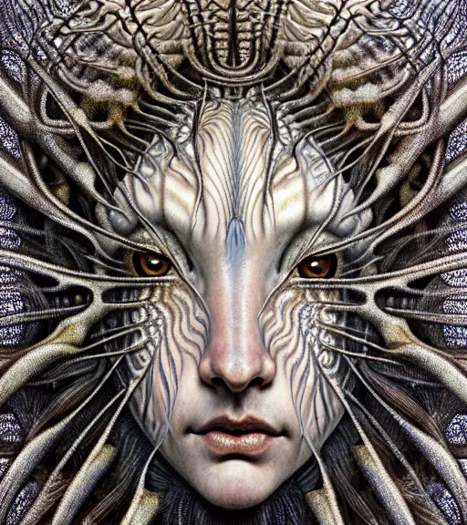 Prompt: detailed realistic beautiful lionfish goddess face portrait by jean delville, gustave dore, iris van herpen and marco mazzoni, art forms of nature by ernst haeckel, art nouveau, symbolist, visionary, gothic, neo - gothic, pre - raphaelite, fractal lace, intricate alien botanicals, ai biodiversity, surreality, hyperdetailed ultrasharp octane render