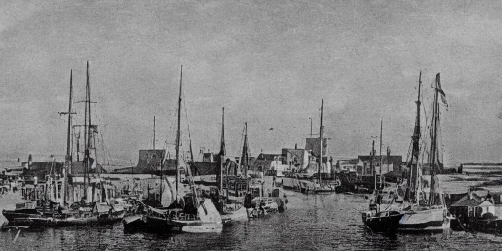 Prompt: vintage photo of boast in Wick harbour in the 19th century