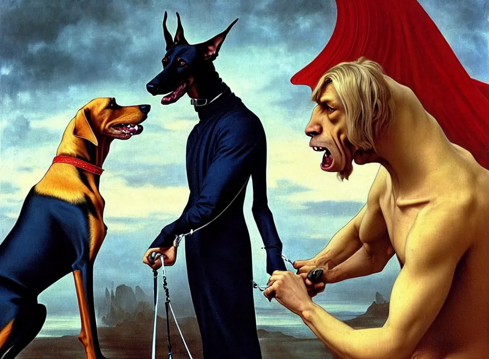 Image similar to realistic detailed portrait movie shot of an elegant blond male vampire with a doberman on a leash, sci fi landscape background by denis villeneuve, amano, yves tanguy, alphonse mucha, max ernst, caravaggio, roger dean, masterpiece, rich moody colours, dog teeth, blue eyes