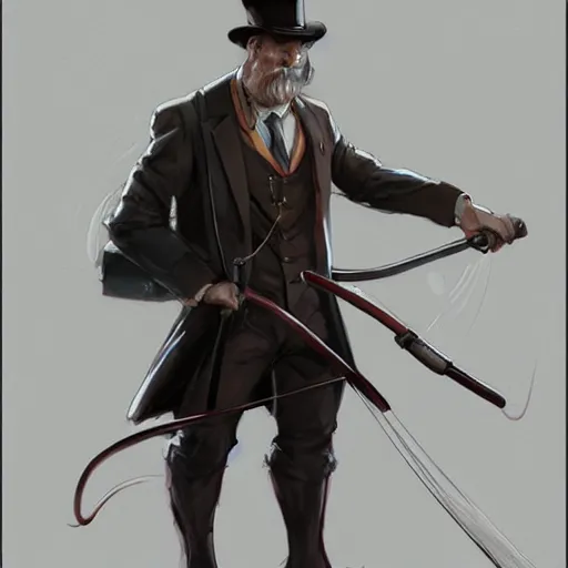 Image similar to distinguished gentleman with electrified walking cane, portrait, behance hd artstation, style of jesper ejsing