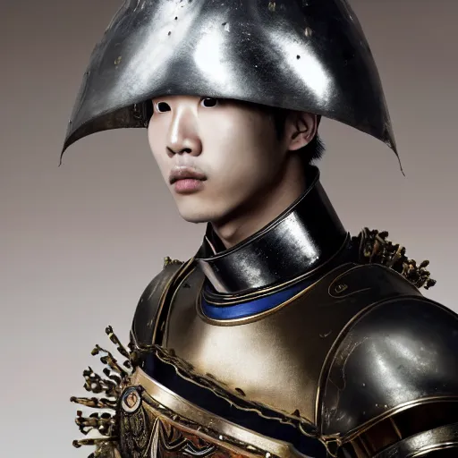 Image similar to a portrait of a beautiful young korean male wearing an alexander mcqueen armor , photographed by andrew thomas huang, artistic