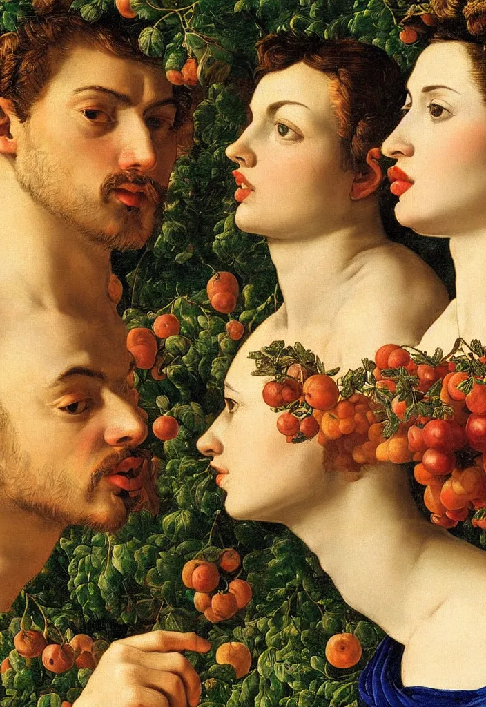 Image similar to men and women, closeup portrait, garden with fruits on trees, ultra detailed, Orazio Gentileschi style, Guido Reno style