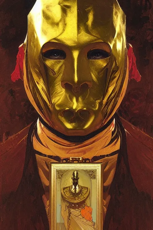 Prompt: A man wearing golden mask,painting by greg rutkowski and alphonse mucha