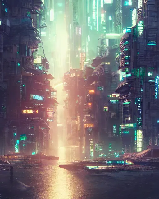 Image similar to cyberpunk city on a floating island at night by wlop, key visual, high detail, digital art