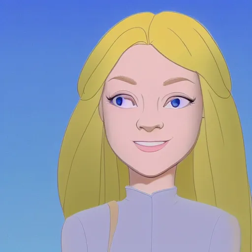 Image similar to Disney animation of a cute blonde girl with green eyes, symmetrical face