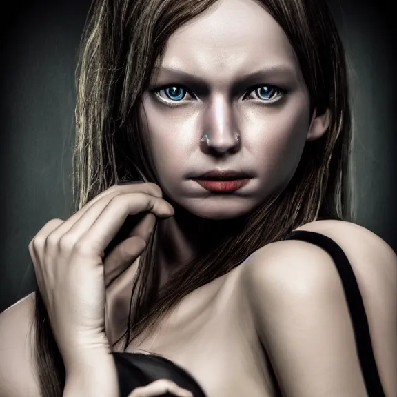 Prompt: a highly detailed 3 d render dark portrait of a woman in the style of chris cunningham and in the style of andrzej dragan, photo manipulation, dramatic lighting