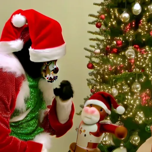 Image similar to capuchin monkey putting christmas tree ornament on christmas tree, standing next to humanoid robot, living room, 2 0 0 6 youtube video