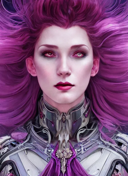 Image similar to close up portrait vampire with purple hair in sci - fi bionic armor, highly detailed, very intricate, art nouveau, red filigree, romantic storybook fantasy, soft cinematic lighting, award - winning, disney concept art watercolor illustration by mandy jurgens and alphonse mucha and alena aenami, pastel color palette, featured on artstation