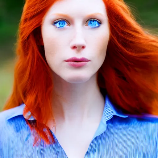 Image similar to Close up 35mm nikon photo of the left side of the head of a redhead photomodel with gorgeous blue eyes and wavy long red hair, who looks directly at the camera. Whole head visible and covers half of the frame,.