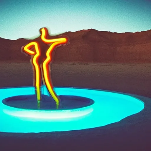 Image similar to 4 k polaroid wide angle photo of a glowing giant steel shiny reflective woman statue dancing, half submerged in water, in a desert oasis lake, at dusk, with neon lighting