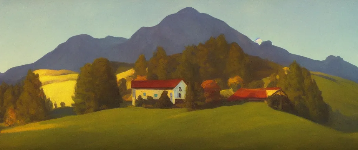 Image similar to an alpine landscape with a cottage with a smoky chimney, fall, by edward hopper, new artstation artist,