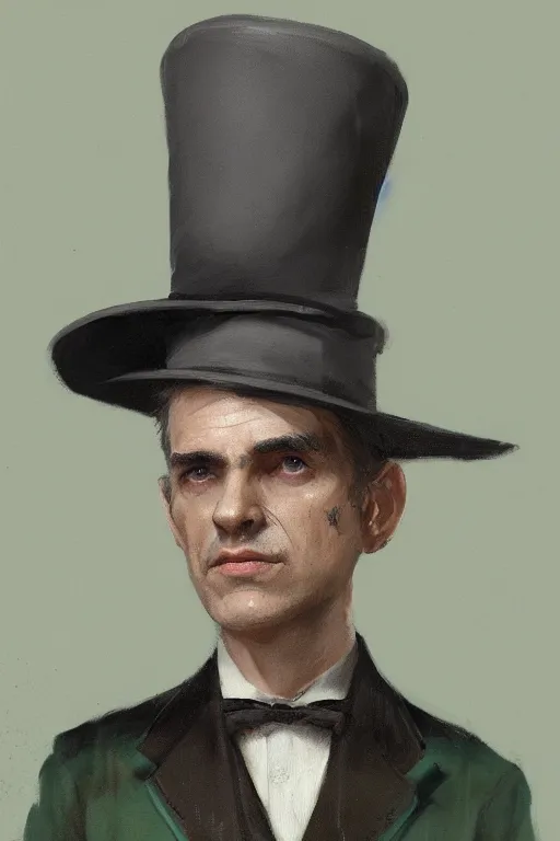 Prompt: a grey hair old halfling green eyes with stubble top hat and suit by Greg Rutkowski, painting, portrait, HD, high details, trending on artstation