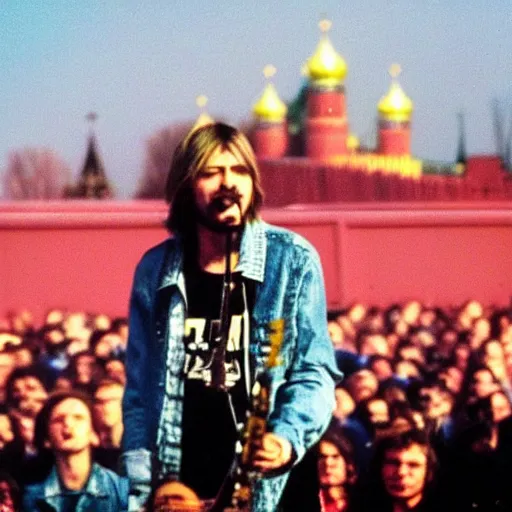 Image similar to “A colorful kodak film photo of Kurt Cobain roaring into microphone on a concert with Moscow kremlin in the background”