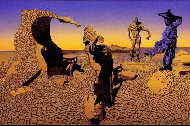 Prompt: nostalgia of the infinite, atmospheric, surrealist, golden hour, by dali, moebius, picasso, corben