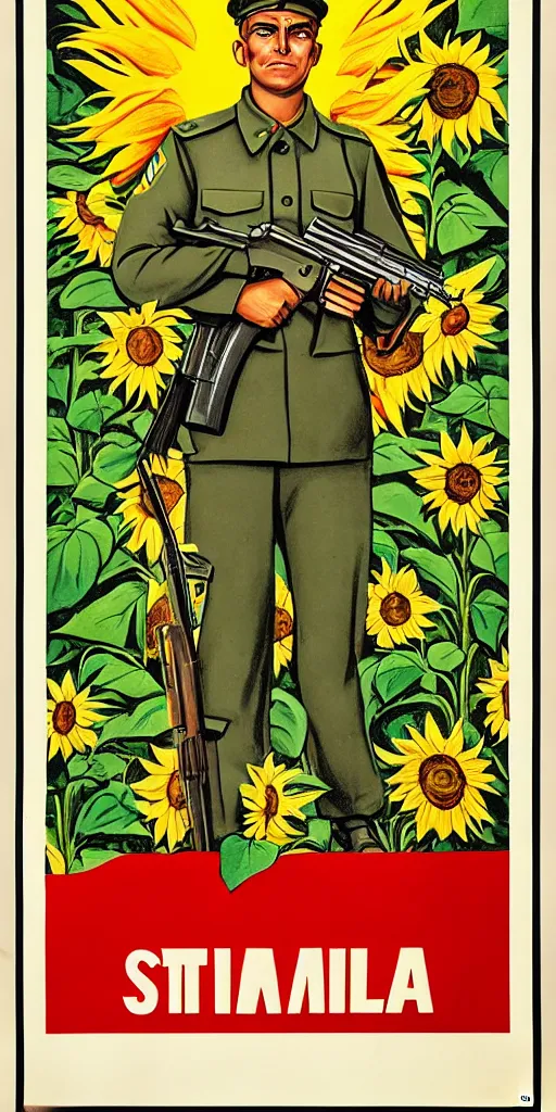 Prompt: Communist Propaganda Poster of a soldier in a sunflower field holding an Steyr AUG.