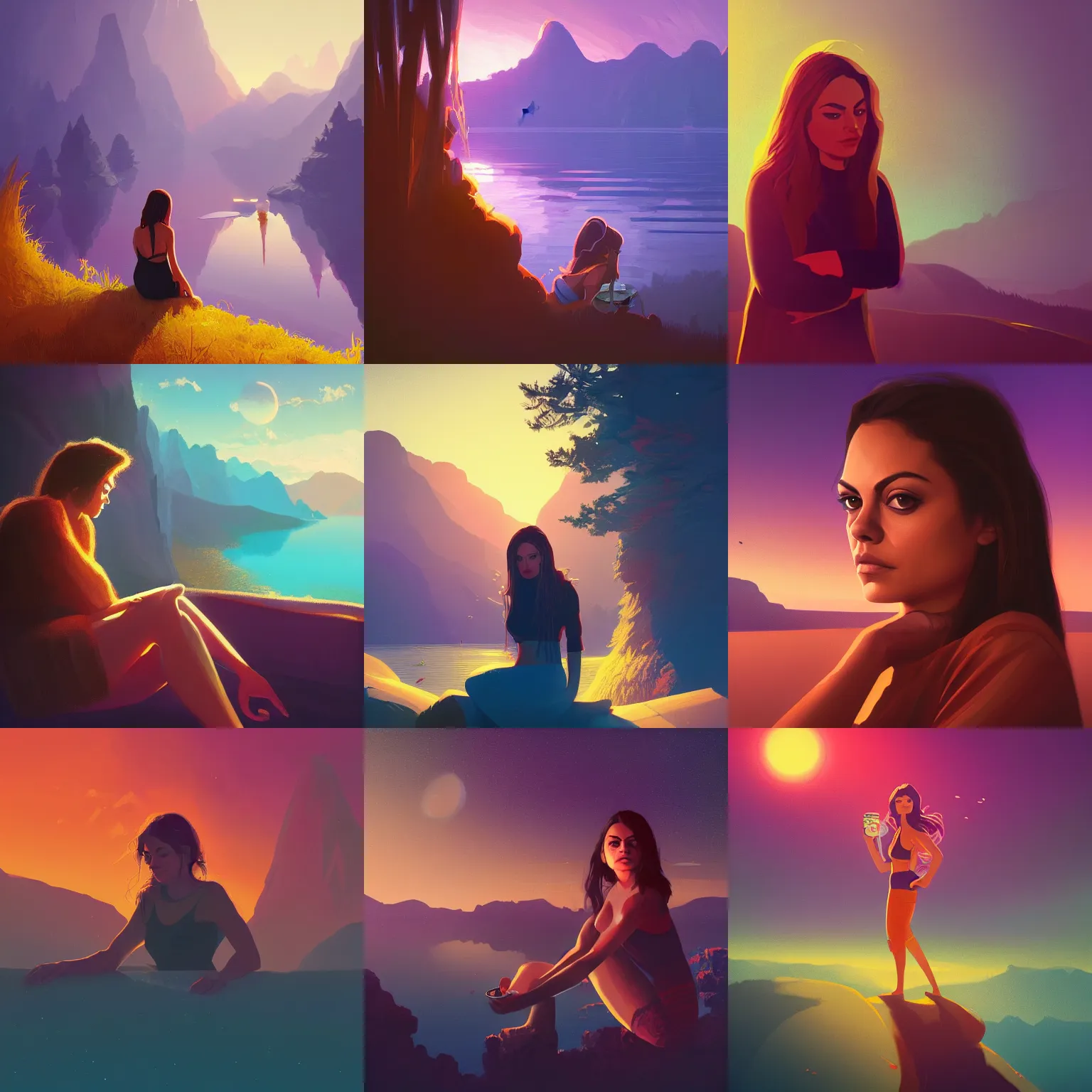 Prompt: close - up portrait of mila kunis, golden hour, steaming coffee, mystical lake view vista, anton fadeev, paul lehr, rhads, alena aenami