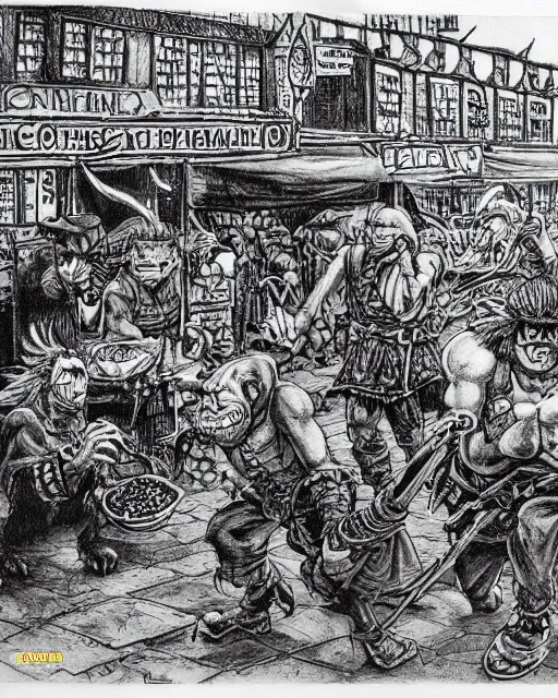 Prompt: pen and ink drawing of a goblin salesman in a busy market street, fighting fantasy style image, by steve jackson and ian livingstone, highly detailed