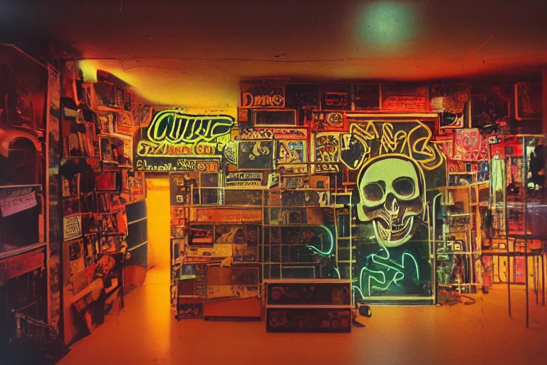 Prompt: giant metallic skull inside of a 1970s music store store, neon lights, dirty, ektachrome photograph, volumetric lighting, f8 aperture, cinematic Eastman 5384 film