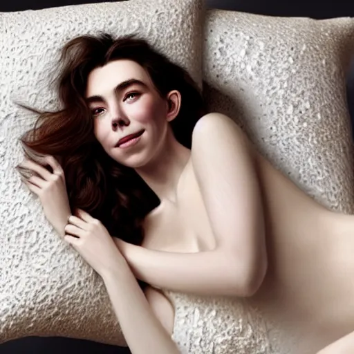 Prompt: stunning photo of dark - haired goddess vanessa kirby smiling, laying back on a pillow, with white tears all over her face, a beautiful closeup, wet lips, perfect eyes, insanely detailed, elegant, by mucha, wlop, rutkowski, livia prima