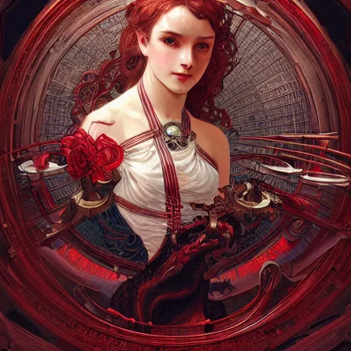 Image similar to a highly detailed digital image of an imagination creation machine, concept art, artstation, cgsociety, very detailed, intricate, detailed illustration, by artgerm and greg rutkowski and alphonse mucha, product lighting, sharp, smooth, masterpiece, red and black tones