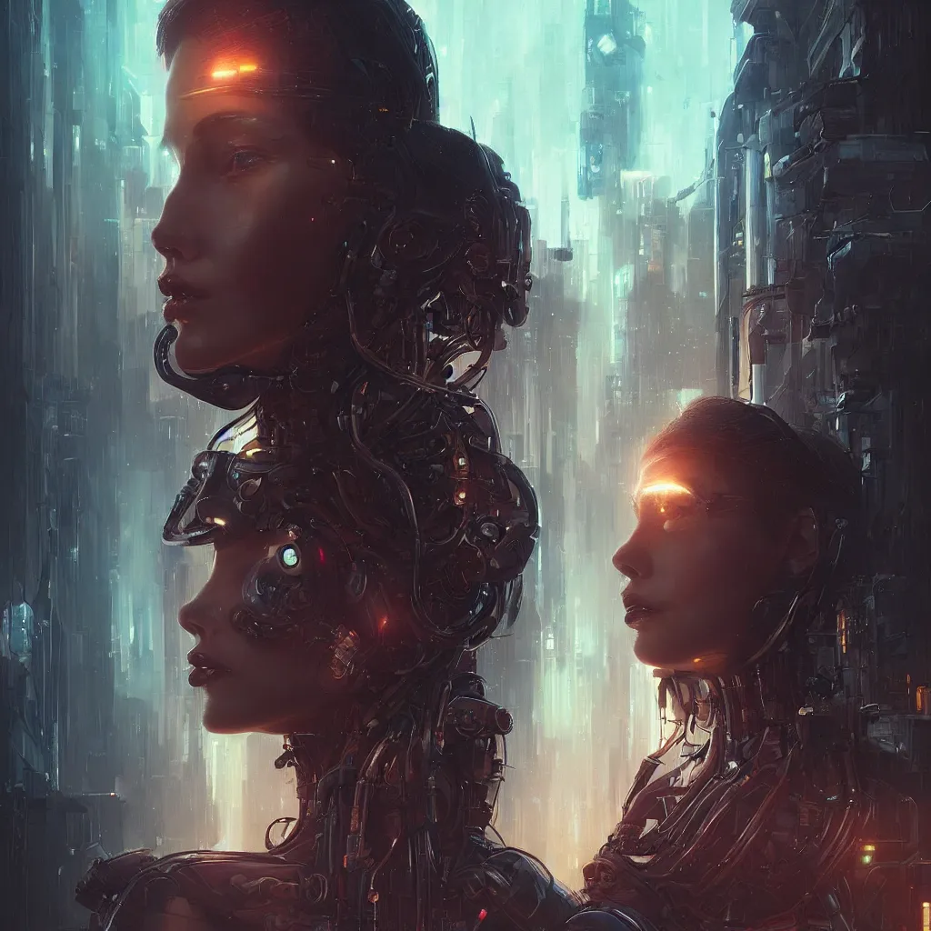 Prompt: portrait of a cyberpunk beautiful young woman by Greg Rutkowski, biomechanical,highly detailed, Blade Runner background, futuristic,digital engine, luminous, vapor