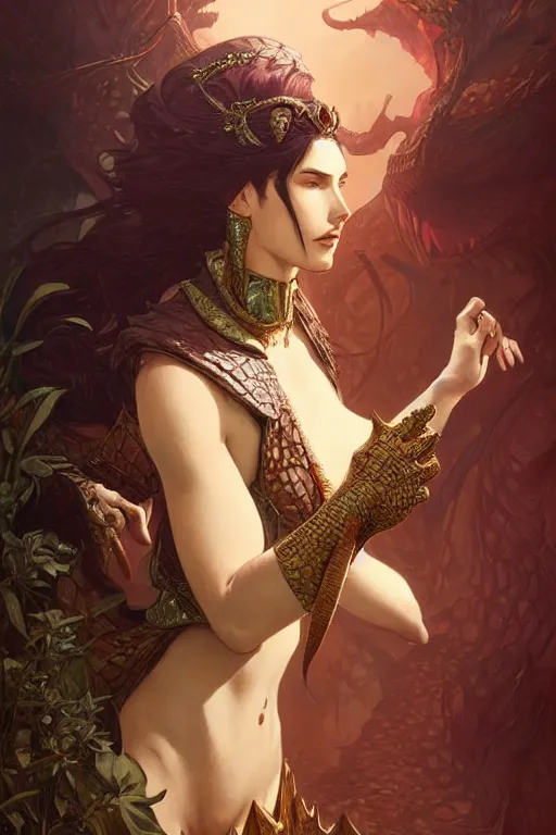 Image similar to crocodile godess date, d & d, fantasy, intricate, elegant, highly detailed, digital painting, artstation, concept art, matte, sharp focus, illustration, art by artgerm and greg rutkowski and alphonse mucha