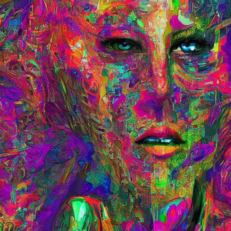 Image similar to hyper-maximalist overdetailed half portrait half collage slightly abstract pesudofigurative digital illustration by archan nair feat hakan hisim inspired by works of android jones. Pschedelic visionary artwork.