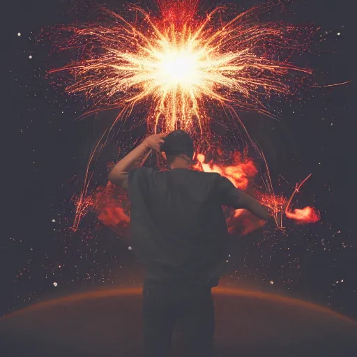 Image similar to man hitting the ground creating a explosion, anime, album cover, musical notes