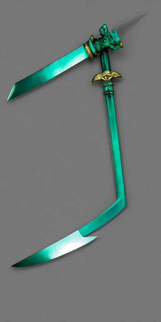 Image similar to photograph of a wide green and teal crystal sword blade attached to a big gold sword hilt