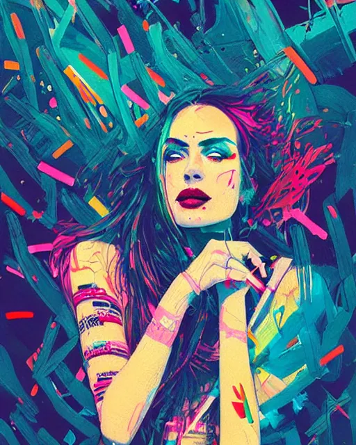 Image similar to an ultradetailed beautiful painting of a stylish woman with colorful band aids, rave concert poster, retro, conrad roset, greg rutkowski, flume cover art,