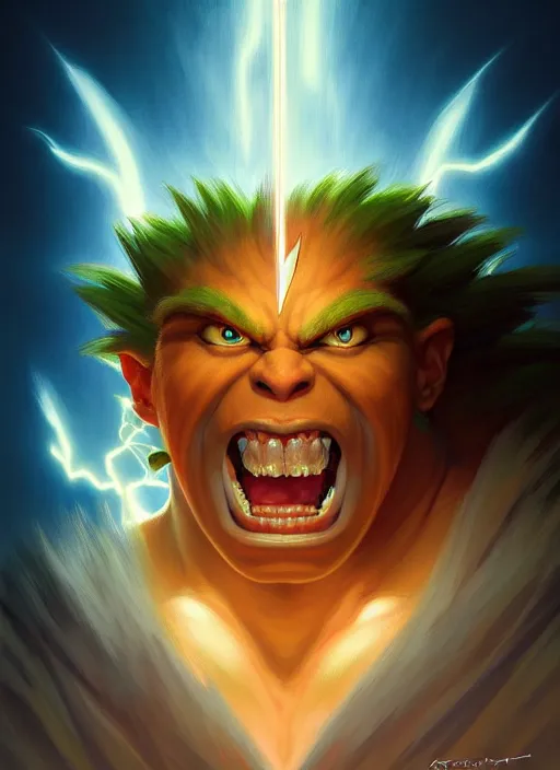 Image similar to symmetry!! portrait of blanka with lightning, street fighter, global illumination!! intricate, elegant, highly detailed, digital painting, artstation, concept art, smooth, sharp focus, illustration, art by artgerm and greg rutkowski and alphonse mucha