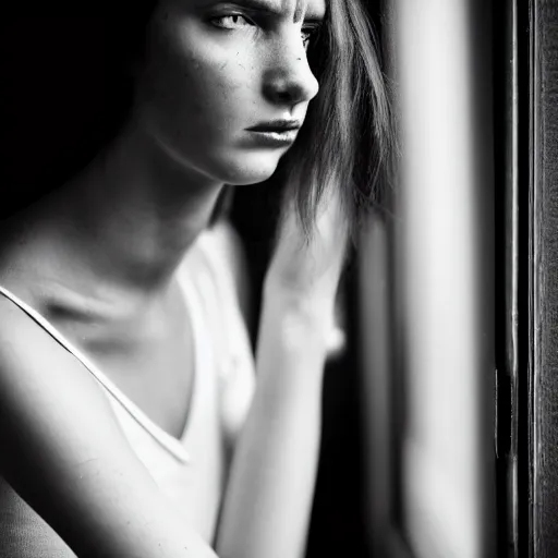 Image similar to black and white photography of highly detailed beautiful depressed Woman with detailed face in the heroine chique style standing by the window, vintage, natural light, sigma 85mm f/1.4 1/10 sec shutter