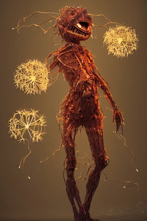 Image similar to a humanoid figure dandelion monster. amber glowing, intricate artwork by tooth wu wlop beeple dan mumford concept art, octane render, trending on art station