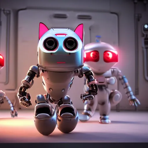 Prompt: a 3 d rendered movie of a cute robot ( ( ( kitten with whiskers ) ) ). the robot has led cybernetic implants. polka dance contest. dramatic lighting. science fiction outer space fantasy blockbuster movie robots, imax 7 0 mm. octane 3 d render, style of castaway ( film ), dune ( film ), polka dancing contest.