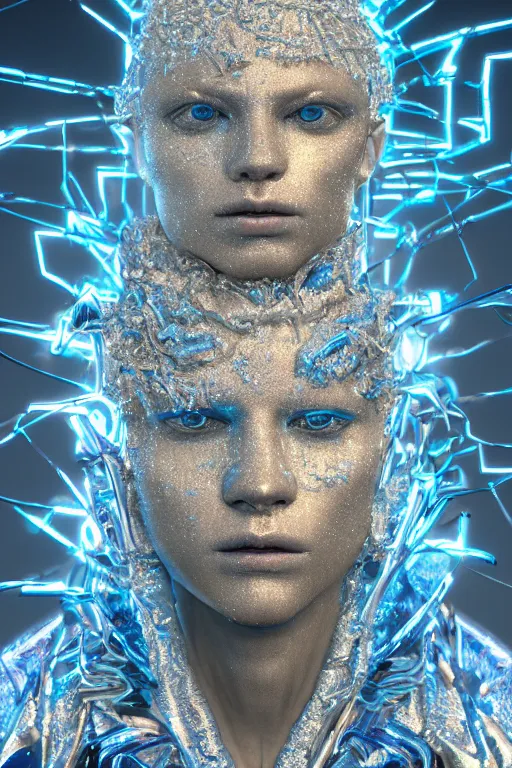 Image similar to hyper detailed ultra sharp portrait of baroque and bladerunner delicate neon diamond sculpture of seductive albino christian santamaria, sarcophagus blue iridescent humanoid deity wearing metallic hoody made out of hands holding the sun prismatic dungeon, glowing blue face, crown of white diamonds, cinematic lighting, photorealistic, octane render 8 k depth of field 3 d