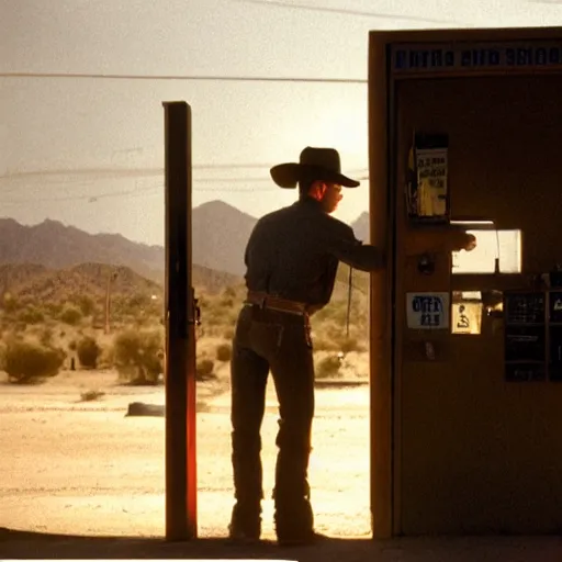 Image similar to a cowboy going through the door of an old gas station, Joshua Tree Park, dust flying, cinematography by Roger Deakins in cinemascope