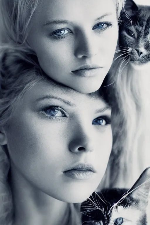 Image similar to photo realistic portrait of a blonde hair blue eyed teenage girl, sharp jawline seductive pose, Teary-eyed, makeup with a cat close to her. Photography portrait by Paolo Roversi