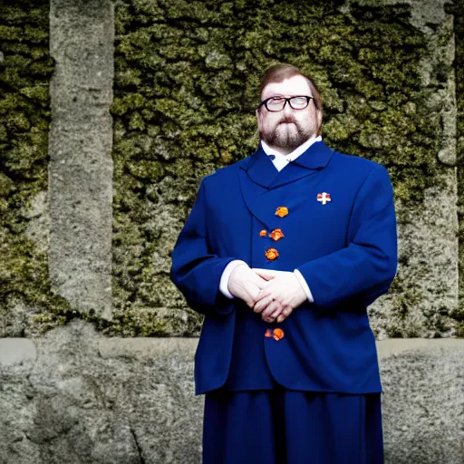 Image similar to cinematic shot of Gabe Newell wearing a Swiss Guard uniform and standing at attention, 8k, ultra detailed, ultra intricate, depth of field,