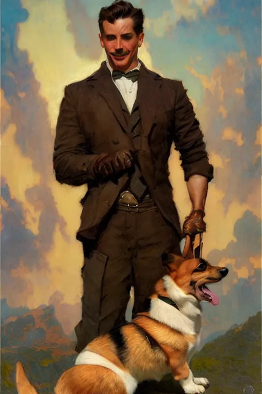 Image similar to attractive man holding a corgi matte painting by gaston bussiere, craig mullins, j. c. leyendecker, tom of finland