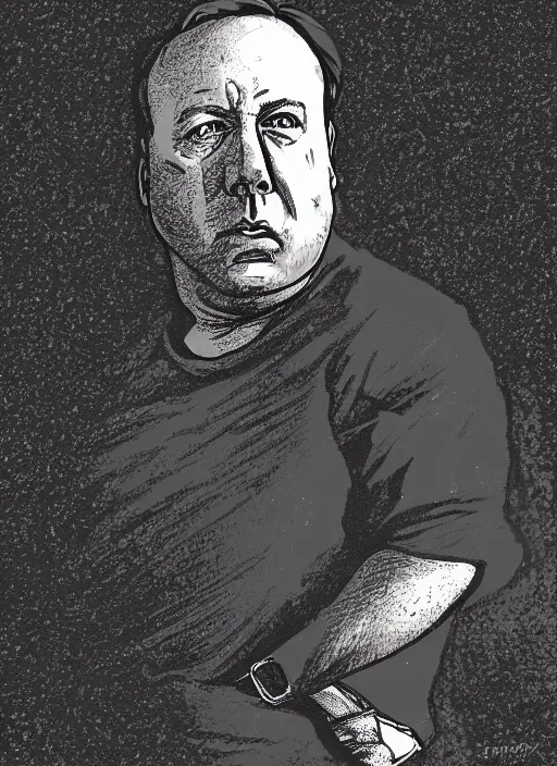 Image similar to sad alex jones surrounded in a dark murky room, highdetailed illustration