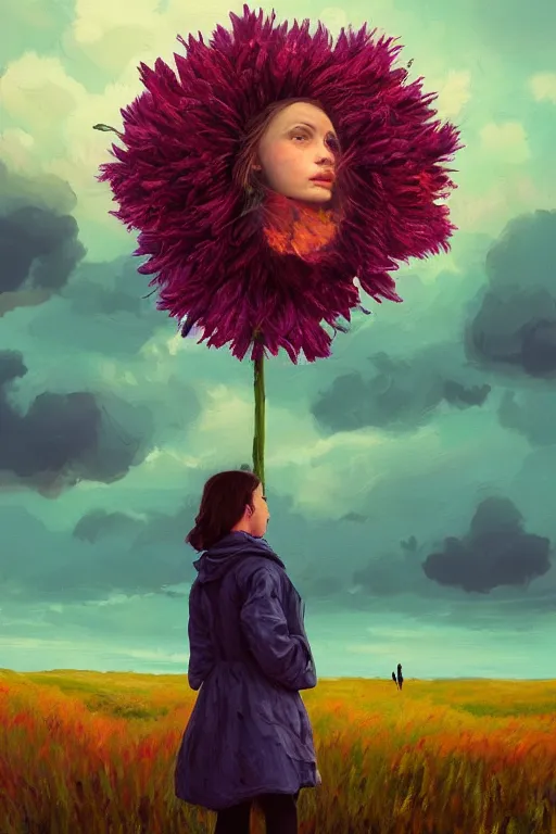 Image similar to portrait, giant flower head, a girl wearing a coat in heather field, surreal photography, wind and cold, dramatic sky, impressionist painting, digital painting, artstation, simon stalenhag